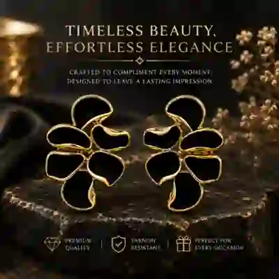 Gorgeous Black Enamel Floral Gold-Tone Earrings
